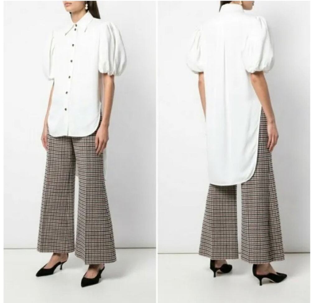 Khaite Roberta Cream Puff Sleeve Button Up Top Small Hi Low Quiet Luxury